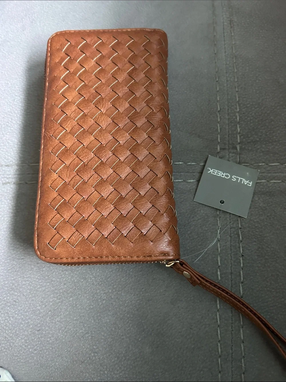 Falls Creek Men's Woven Brown Leather Zip-Around Wallet Wristlet